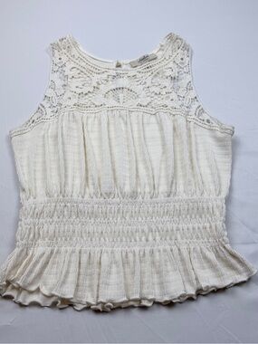Crochet Yoke Smocked Peplum Camisole - Cream